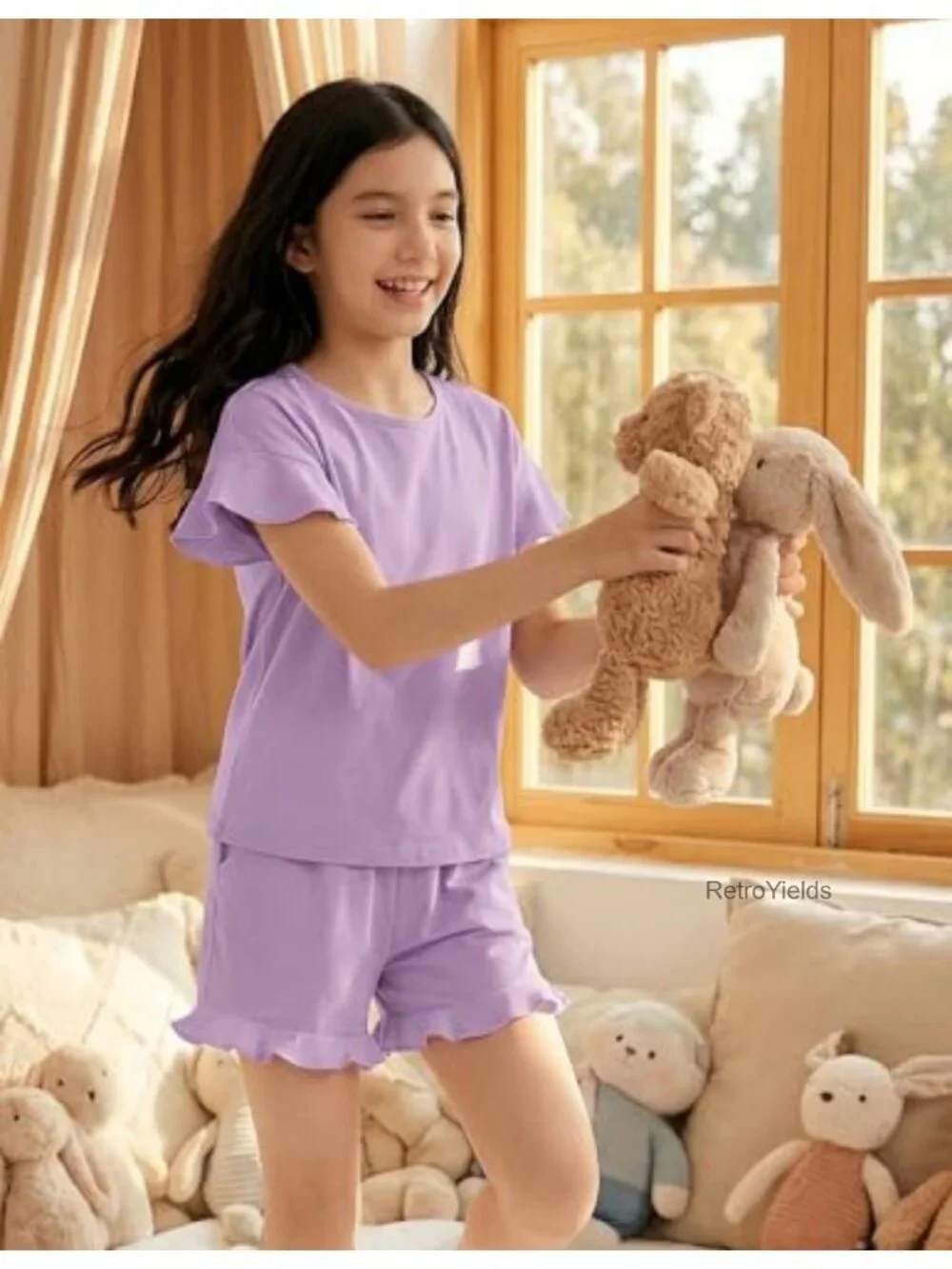 Girls Pajama Sets Short Sleeve Ruffle Sleepwear Soft Kids PJs 2 Piece